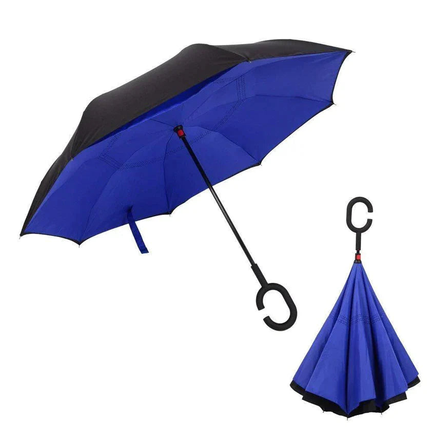 Plain design reverse umbrella with a windproof structure and C-shaped handle. Plain design reverse umbrella with a windproof structure and C-shaped handle.